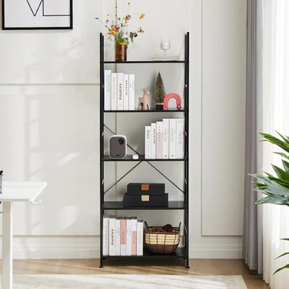 DUMOS 5 Tiers Open Bookshelf, Classic Freestanding Tall Display Shelf - color: Black, size: 5 Tier＆Open