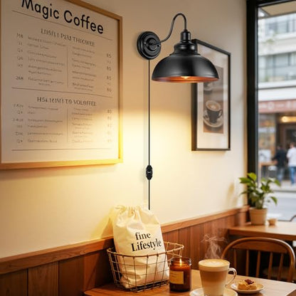 Lightess Plug in Wall Sconce with Dimmable Switch Black Barn Wall Lamp - color: Black with Plug-in Cord