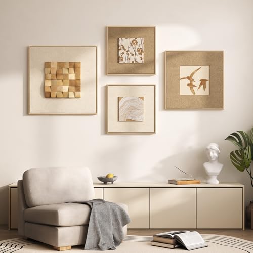 Large Framed 3D Textured Wood Wall Art 4 for Living Room, Neutral Set of 4 - color: Beige -A, size: 28x28" + (20x20") x2ps +24x24"