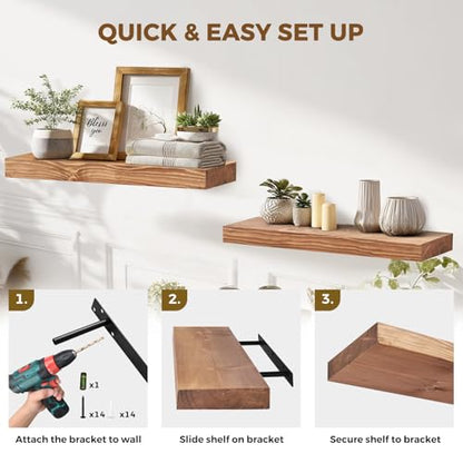 Solid Wood Floating Shelves, 24 Inch Wall Shelves, Set of 2, Oak - color: Oak, size: 24x8x1.6