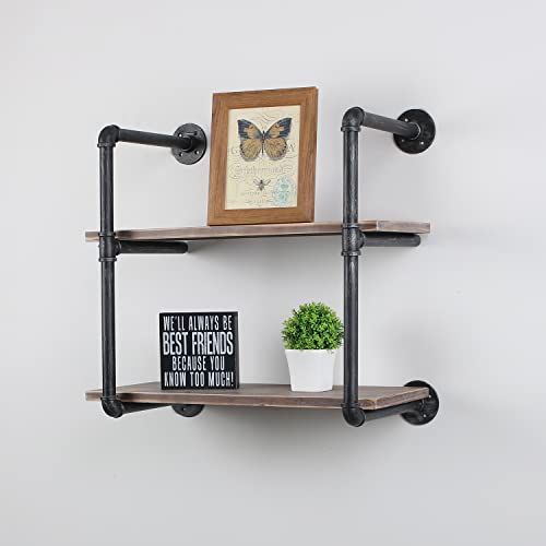 MBQQ Industrial Pipe Shelving Wall Mounted,24in Rustic Metal Floating Shelves,Steampunk Real Wood Book Shelves,Wall Shelf Unit Bookshelf Hanging Wall Shelves,Farmhouse Kitchen Bar Shelving(2 Tier) - color: 2-layer, size: 24in