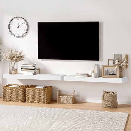 Solid Wood Floating Shelves, 36 Inch Wall Shelves, Set of 2, White - color: White, size: 36x8x1.6