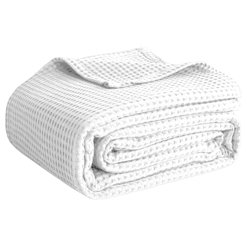 100% Cotton Blankets for Bed - Waffle Weave Blankets for Summer, Lightweight and Breathable Soft Woven Blanket for Spring (White, King (90" x 108")) - color: White, size: King (90" x 108")