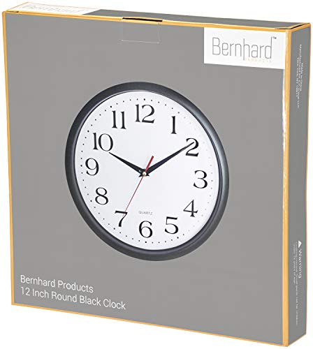 Bernhard Products Black Wall Clock Silent Non Ticking 12 Inch Quality Quartz Battery Operated Round Easy to Read Home/Office/Kitchen/Classroom/School Clocks - size: 12 Inch