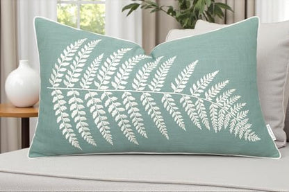 Rudransha Botanical Fern Leaf Embroidery Lumbar Pillow Cover - 14x24 Light Teal Cotton - color: Light Teal-ferny, size: 24" x 14" (Pack of 1)