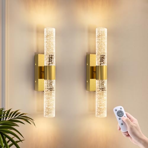 VOLISUN Battery Operated Wall Sconces Set of Two,Gold Sconces Wall Decor Set of 2,Wireless Wall Sconces with Remote,Rechargeable Wall Light for Living Room,Bedroom,Bathroom,Vanity (15.3 inch) - color: Gold