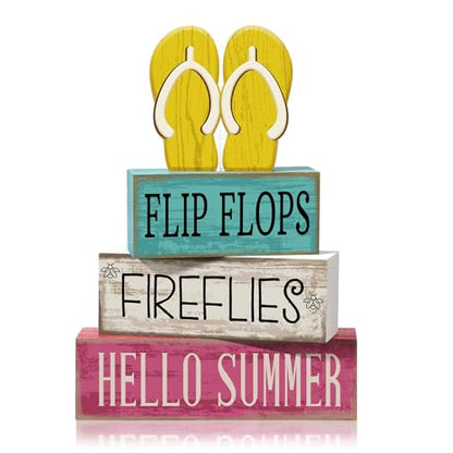 Yuntau 4 Pcs Summer Table Decorations Wood Block Sign Tiered Tray Decor - style: Flip Flops