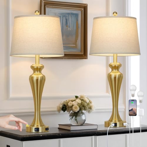 30" Gold Tall Table Lamps for Living Room, Touch Control Bedroom Lamp with USB A+C Ports and AC Outlet, 3-Way Dimmable Bedside Table Lamps Set of 2, Modern Metal Lamp for Nightstand - color: Gold