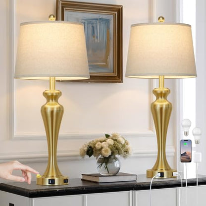 30" Gold Tall Table Lamps for Living Room, Touch Control Bedroom Lamp with USB A+C Ports and AC Outlet, 3-Way Dimmable Bedside Table Lamps Set of 2, Modern Metal Lamp for Nightstand - color: Gold