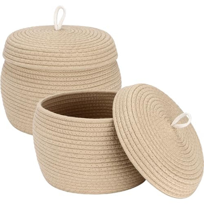 Sea Team Round Woven Cotton Rope Storage Basket with Lid, Khaki, 2-Pack - color: Khaki, size: Small/2-Pack