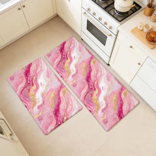 Feelyou Pink Marble Kitchen Rugs Modern Marble Aesthetic Kitchen Mats Retro Watercolor Artwork Design Cushioned Anti-Fatigue Thick Duty Ergonomic Comfort Rug 17.32x29.53+17.32x47.24 inch - color: Pink