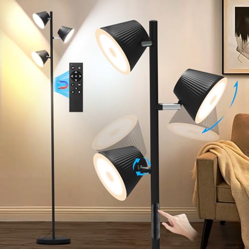 LED Tree Floor Lamp, 42W 4500lm Dimmable Standing Lamp with Remote & Touch Control, Modern Super Bright 3 Rotatable LED Light Floor Lamps for Living Room, Bedroom, Office, Reading Room - color: Black Floor Lamp