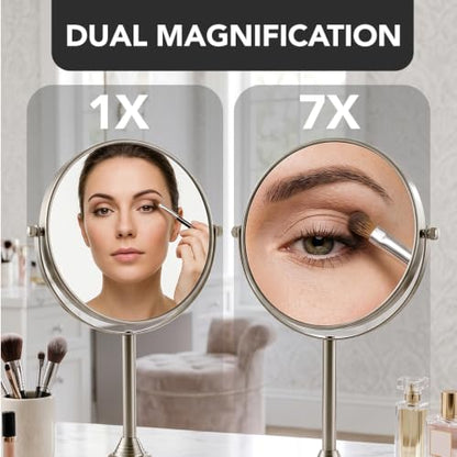 OVENTE 7" Tabletop Magnifying Makeup Mirror, Nickel Brushed MNLCT70BR1X7X - color: Nickel Brushed, size: 13.3"L x 6.5"W, style: Non-Lighted