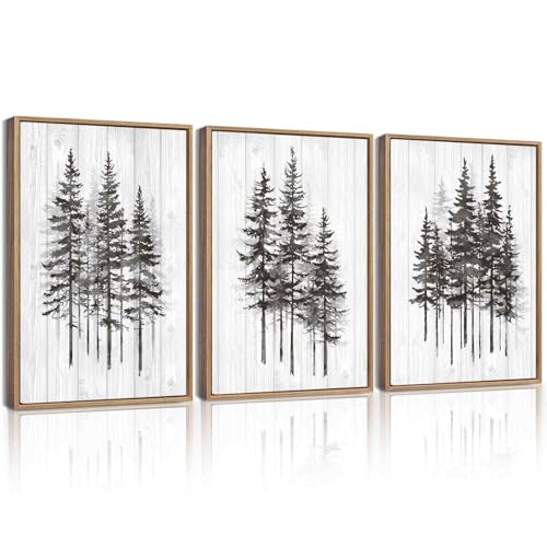 KUVIOKE Woodcut Pine Tree Framed Wall Art Nature Abstract Forest Wall Decor Rustic Minimalist Painting for Bedroom Dining Room 12x16in (Natural Framed) - color: Wooden Pine, size: 12 x 16in x 3 Panels Natural