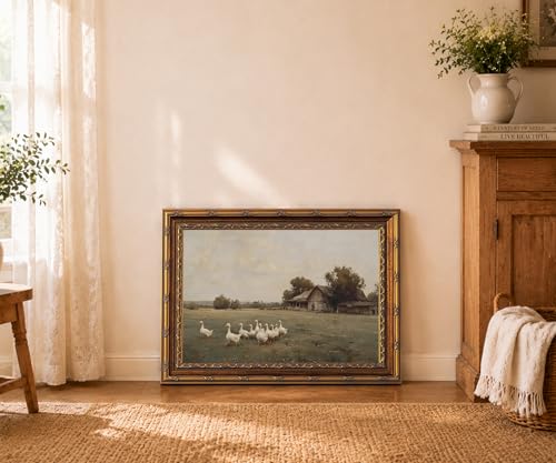 RhkArt Vintage Farmhouse Wall Art Goose Country Landscape Canvas Print,