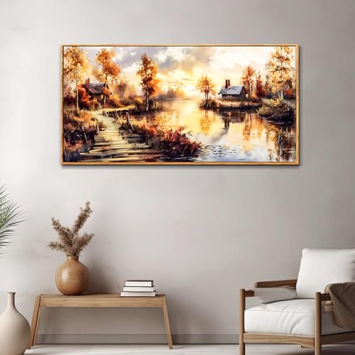 Large Framed Rustic Farmhouse Landscape Wall Art for Living Room, 40x20 In - color: Countryside Painting Wood Framed, size: 40"L x 20"W