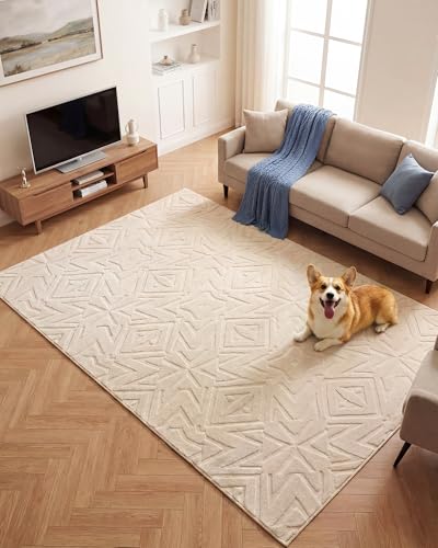 Carvapet 5x7 Area Rug Beige Geometric Washable High Low Pile Carpet - color: Geometric Beige, size: 5' x 7' Rectangular