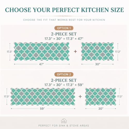 Arenarug Scalloped Trellis Kitchen Mats for Floor, Aqua Gray Kitchen Rugs - color: Aqua Gray, size: 17.3"x30"+17.3"x47"