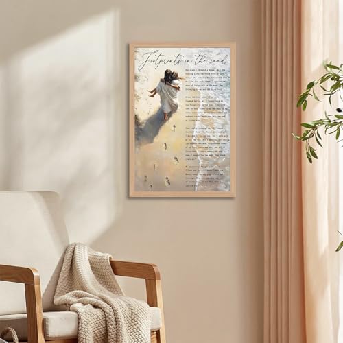 Framed Footprints in the Sand Canvas Wall Art Chrisitan Inspirational Painting Picture Jesus Hugging Woman on Beach Poster Prints for Christian Women Living Room Bedroom Wall Decor 12x16in - color: Jesus Beach, size: 12"L x 16"W