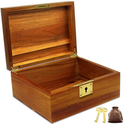 Wooden Box Decorative Large Acacia Wooden Storage Box with Hinged Lid and Locking Key Premium Keepsake Stash Box Lockable Chest for Keepsakes, Valuables, Accessories, Treasured Items(Lock No Grid) - style: Key Lock no partition