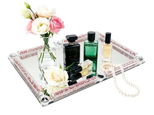 Crystal Perfume Tray, 11.8" x 7.9" Mirror Glass Vanity Tray - color: Pink