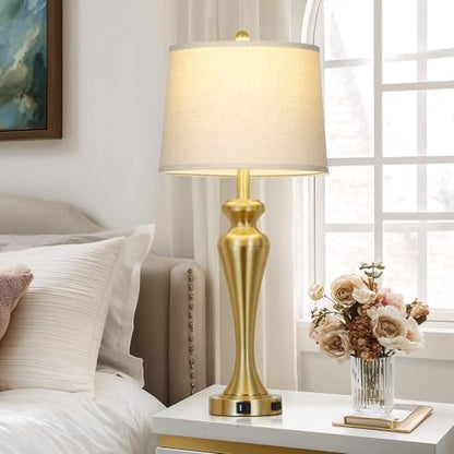 30 Inch Gold Single Table Lamp, 3-Way Dimmable Touch Control Bedside Lamps with USB A+C Ports and AC Outlet, Metal Brass Bedroom Lamps for Night stand, Modern Tall Lamp for Living room end table - color: Gold-1PK