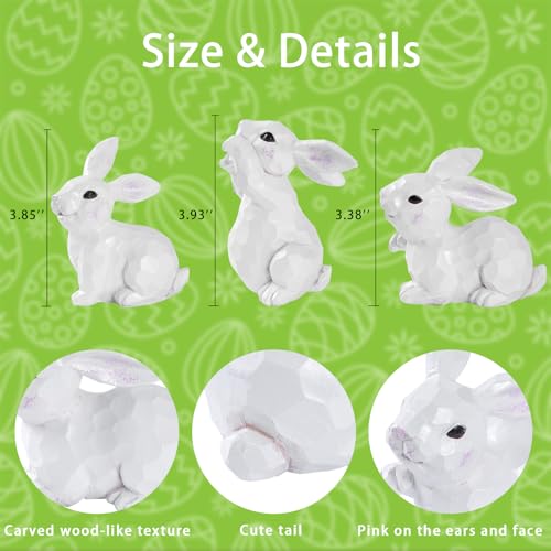 Easter Bunny Figurines, 3PCS White Resin Rabbit Decor with Hand-Carved Texture, Cute Easter Bunnies Collectables for Home Spring Tabletop Centerpiece, Tiered Tray, Shelf (White)