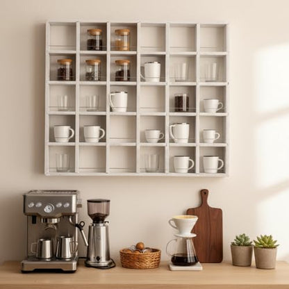 Kigley Oversize Coffee Mug Display Rack Wooden Shelves Rustic Shot Glass Display Case Travel Mug Shelf Wall Mounted Rack Holder Shadow Box(5 x 6,White) - color: White, style: 5 x 6