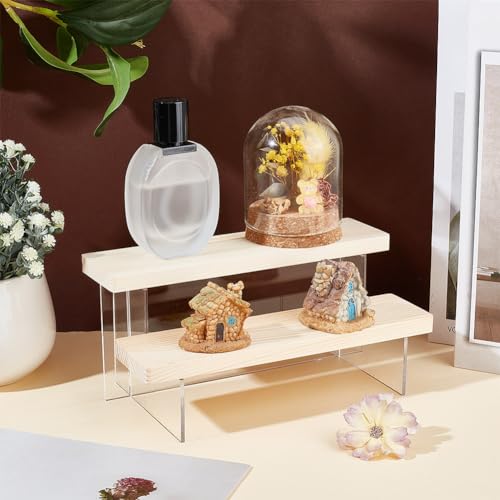 NBEADS 2-Tier Wooden Display Riser Shelf, Antique White Tabletop Small Food Stand Risers Acrylic Display Makeup Step Perfume Organizer for Cosmetics Figure Collection 3.46x7.87x4.33inch