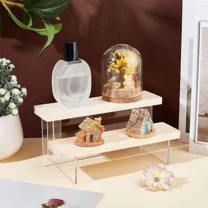 NBEADS 2-Tier Wooden Display Riser Shelf, Antique White Tabletop Small Food Stand Risers Acrylic Display Makeup Step Perfume Organizer for Cosmetics Figure Collection 3.46x7.87x4.33inch