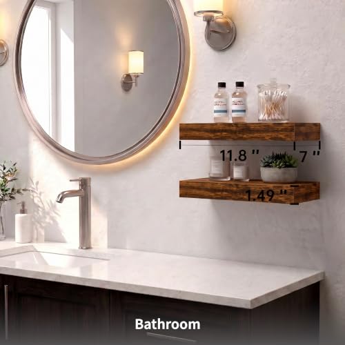 Rustic Brown Floating Shelves for Wall, 11.8in, Set of 2, Bathroom - color: Rustic Brown, size: 11.8''