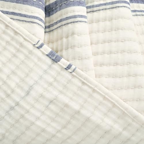 Lush Decor Farmhouse Stripe Kantha Pick Stich Yarn Dyed Cotton Woven Throw Reversible Ticking Pinstripe Design Blanket, 50" x 60", Navy - color: Navy
