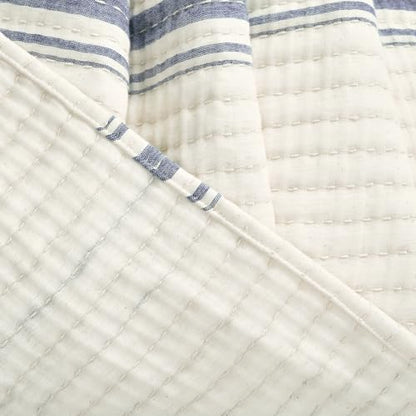 Lush Decor Farmhouse Stripe Kantha Pick Stich Yarn Dyed Cotton Woven Throw Reversible Ticking Pinstripe Design Blanket, 50" x 60", Navy - color: Navy