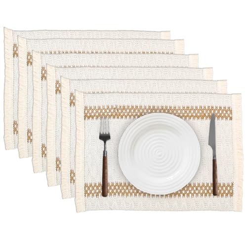 Niviy Boho Placemats Set of 6, 12x18 Inch Natural Cotton Burlap and Kitchen Woven Placemats with Tassels for Dining Table Centerpiece Thanksgiving Home Decorations - color: Beige & Brown, size: 12 x 18 Inches, Set of 6