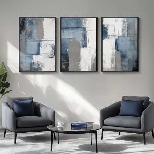 Large Framed Blue and Gray Abstract Wall Art for Living Room, 3 Piece 24x36 - color: Ash Blue Balance, size: 24" W x 36" H x 3Pcs