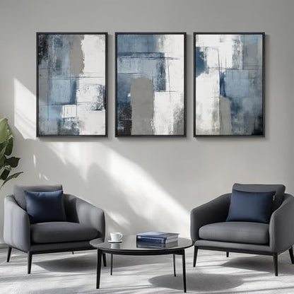 Large Framed Blue and Gray Abstract Wall Art for Living Room, 3 Piece 24x36 - color: Ash Blue Balance, size: 24" W x 36" H x 3Pcs
