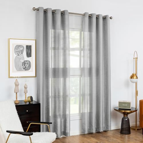 Melodieux Gray Semi Sheer Curtains 63 Inch Length for Living Room, Linen Rustic Bedroom Privacy Window Grommet Sheer Drapes, 52 by 63 Inch, 2 Panels - color: Grey, size: 52"W x 63"L (Pack of 2)