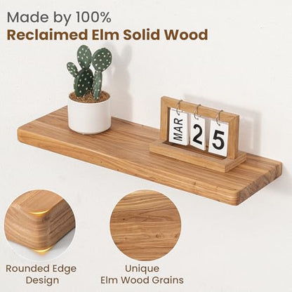 Floating Shelves for Wall, 24"Wx8"D Elm Wood Shelves, Set of 2, Natural - color: Natural, size: Round Edge, 24inch, 2Packs
