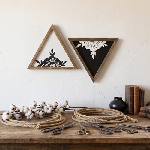 flangairy Floral Wall Decor Wooden Botanical Wall Art Framed Boho Wood Geometric Triangles Black White Bedroom Bathroom Room Home Decorations