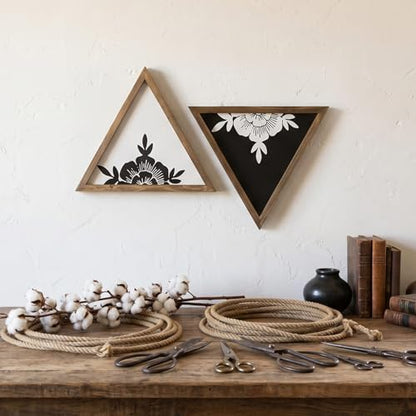 flangairy Floral Wall Decor Wooden Botanical Wall Art Framed Boho Wood Geometric Triangles Black White Bedroom Bathroom Room Home Decorations