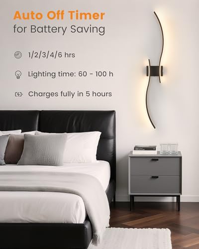 VOLISUN Battery Operated Wall Sconces Set of Two, 39.4 inch Wireless Wall Sconces, 3000K-6500K Dimmable Wall Lamps with Remote, Rechargeable Black Wall Lights for Living Room, Hallway, Bedroom - color: Black, size: 39.4 INCH