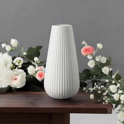 White Ceramic Vase, 8 Inch Modern Ribbed Design, Flower Vase for Home Decor, Cute Vase for Living Room, Dining Table, Office, Bedroom, Kitchen Shelf