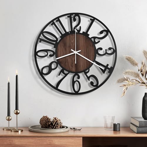 Maxstar 14" Silent Wall Clock – Battery Operated, Rustic Metal & Wood - color: Brown, size: 14 Inch