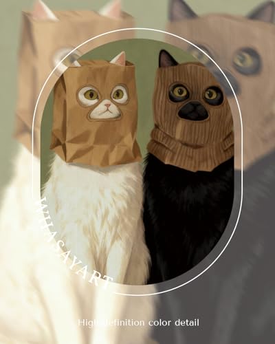 WHASAYART Whimsical Cats Wearing Paper Bag Masks Wall Art Framed 12"×16" - color: Masked Two Cats, size: 16"L x 12"W
