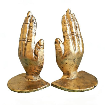Hand Bookends Decorative, Heavy Duty Cast Iron Book Holder, Prayer Hand Book Ends for Shelves Living Room Home Decor Office, Antique Gold, 1 Pair/2Pieces