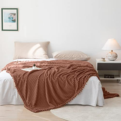 DISSA Fleece Blanket Throw Size – 51x63, Caramel – Soft, Plush, Fluffy, Fuzzy, Warm, Cozy – Perfect Throw for Couch, Bed, Sofa - with Pompom Fringe - Flannel Blanket Throw Blanket - color: Caramel, size: 51x63"