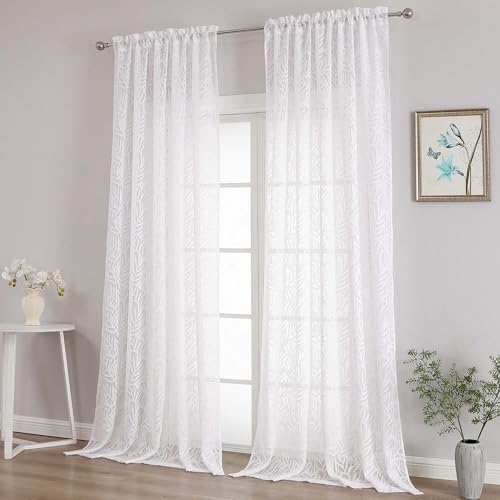 OVZME Extra Wide White Sheer Curtains 108 Inches Long 2 Panels Set, Leaf Jacquard Lightweight Textured Semi Sheer Curtains for Sliding Door, Dual Rod Pocket Elegant Drapes, 2x52Wx108L Inches - color: White, size: 52"W x 108"L (Pack of 2)
