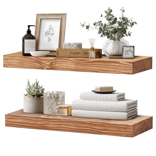 Solid Wood Floating Shelves, 24 Inch Wall Shelves, Set of 2, Oak - color: Oak, size: 24x8x1.6