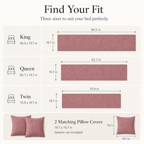 Solid Bed Runner Set,2 Pillow Covers,Dusty Rose,70.9x19.7in - color: Dusty Rose, size: Twin/Twin XL