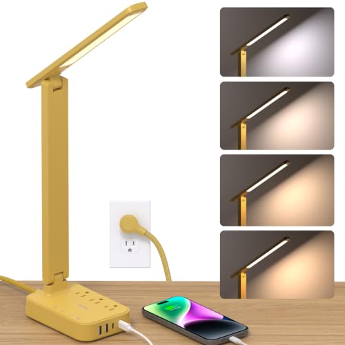 Addtam LED Desk Lamp, Power Strip with 3 Outlets 4 USB Charging Ports(2 USBC), 4 Modes 5 Level Brightness Touch Lamp, Small Desk Lamp for Home Office College Dorm Room Essentials, Yellow - color: Yellow, size: 5 FT
